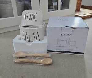 Rae Dunn Cream Guac and Salsa Bowls with Wooden Spoons